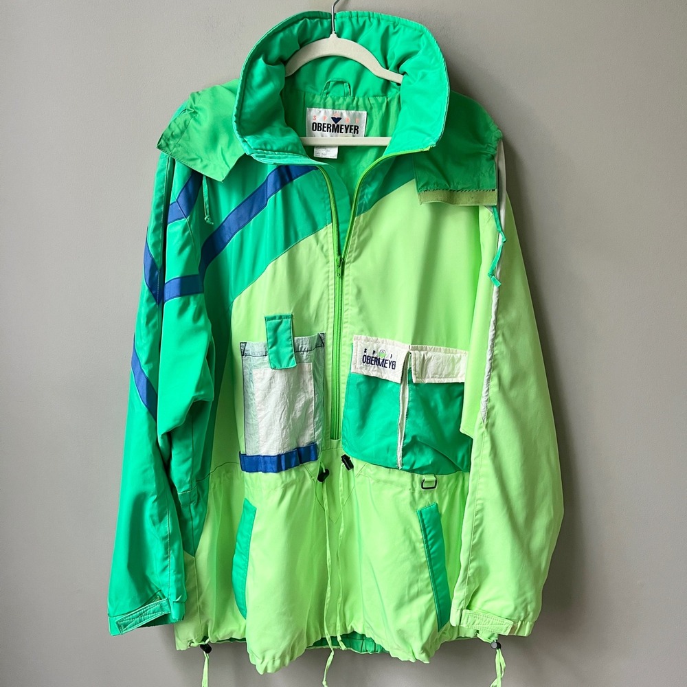 Vintage Obermeyer Ski Jacket Men's Large Green 90s Retro Sportswear Hi Vis Neon